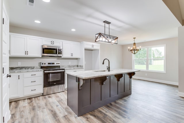 kitchen featuring pendant lighting, white cabinetry, stainless steel appliances, and an island with sink