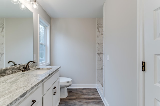 bathroom with walk in shower, vanity, wood-type flooring, and toilet