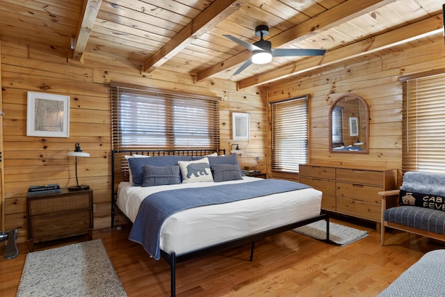 bedroom featuring wood-type flooring, wood ceiling, beam ceiling, and ceiling fan