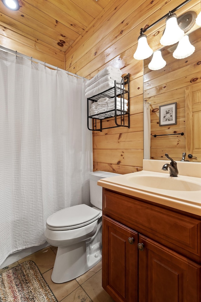 bathroom with vanity, wooden ceiling, wooden walls, toilet, and tile patterned floors