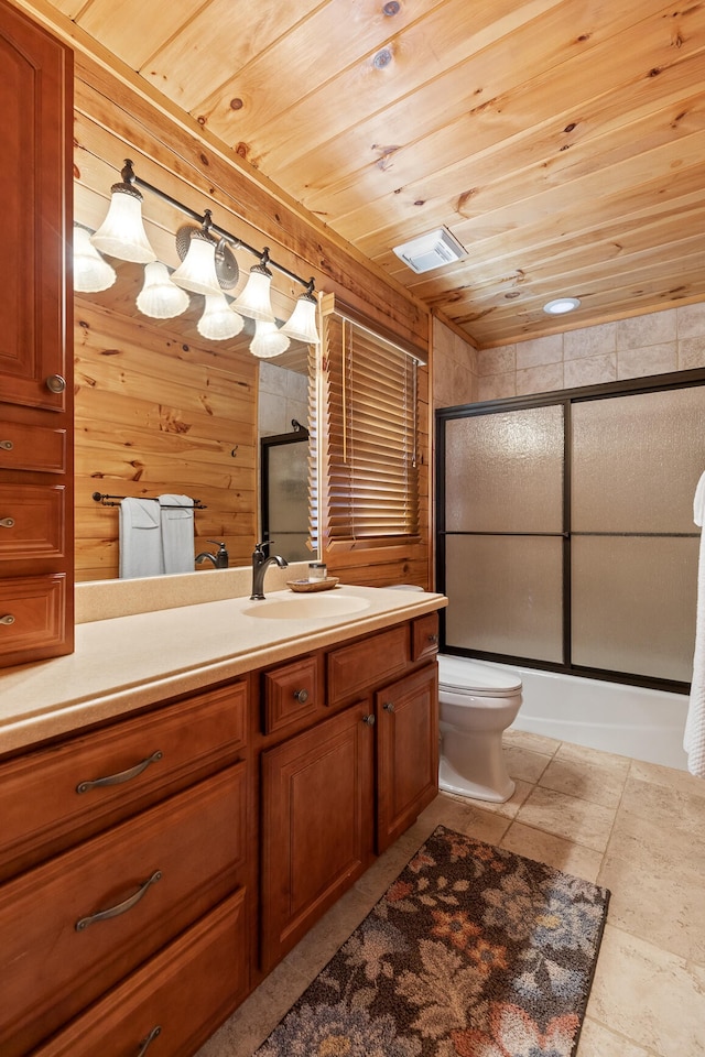 full bathroom featuring wood ceiling, wooden walls, bath / shower combo with glass door, vanity, and toilet