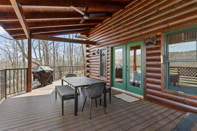 835 Rushing Water Trl, Rising Fawn, GA 30738 - wooden deck with french doors, outdoor dining space, ceiling fan, and grilling area