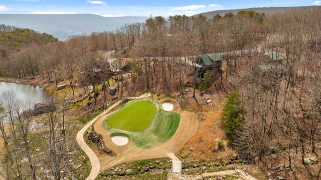 birds eye view of property with a water and mountain view