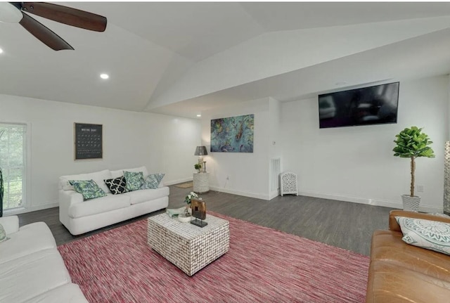 living room featuring lofted ceiling, dark hardwood / wood-style flooring, and ceiling fan