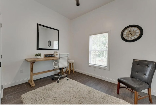 home office with dark hardwood / wood-style floors