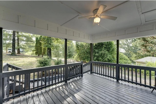7050 Luke Ln, Ooltewah, TN 37363 - wooden deck with ceiling fan and view of scattered trees