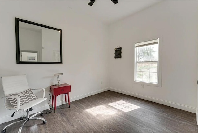 living area featuring ceiling fan and hardwood / wood-style floors