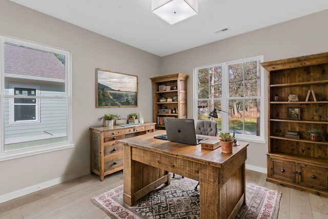 office space with light hardwood / wood-style floors