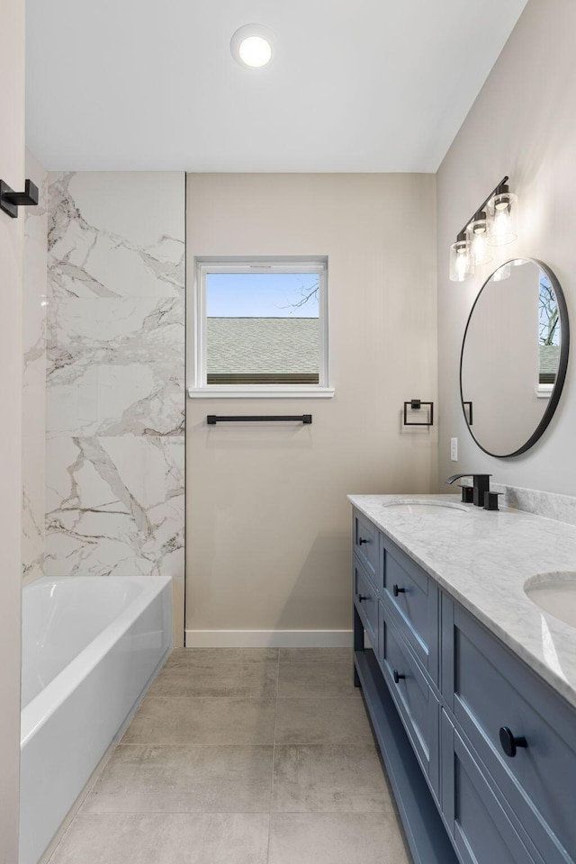 bathroom featuring vanity and washtub / shower combination