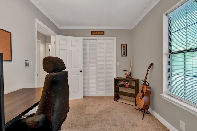 office space with light carpet and crown molding