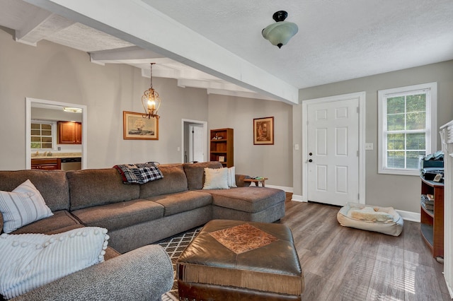 living room featuring a textured ceiling, sink, beamed ceiling, and hardwood / wood-style flooring