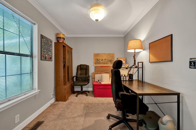 carpeted home office with crown molding