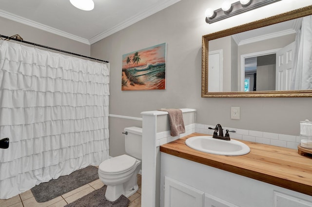 bathroom featuring curtained shower, vanity, ornamental molding, toilet, and tile patterned floors