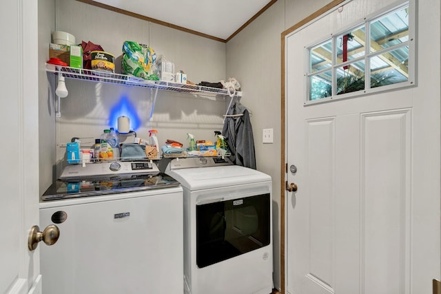 laundry area with ornamental molding and independent washer and dryer