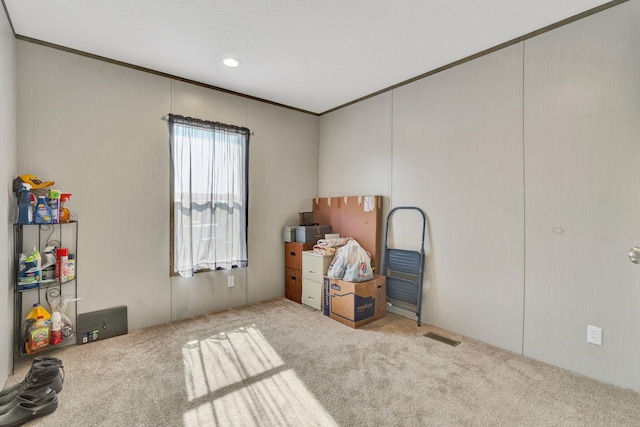 miscellaneous room featuring crown molding and light colored carpet