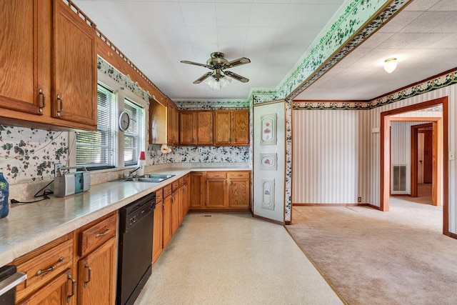 kitchen featuring light carpet, dishwasher, ceiling fan, and sink