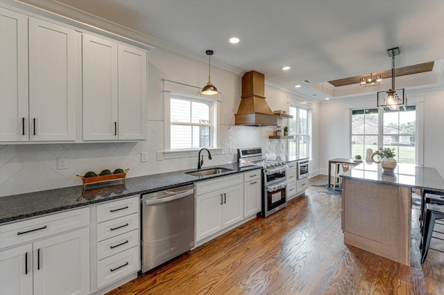111 Arthur Ln NW, Cleveland, TN 37312 - kitchen with stainless steel appliances, a sink, ornamental molding, premium range hood, and dark wood-type flooring