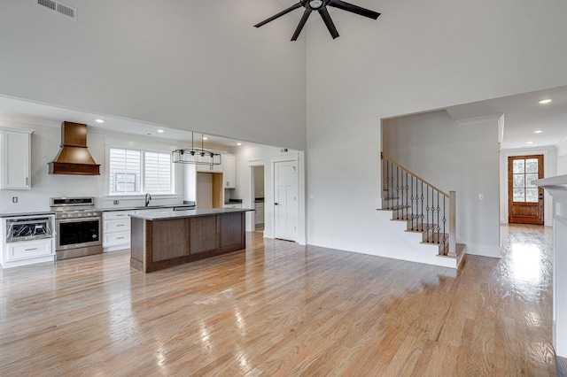 kitchen with white cabinetry, stainless steel range oven, a healthy amount of sunlight, and premium range hood