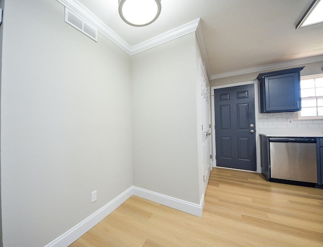 interior space featuring ornamental molding, light hardwood / wood-style floors, blue cabinetry, and stainless steel dishwasher