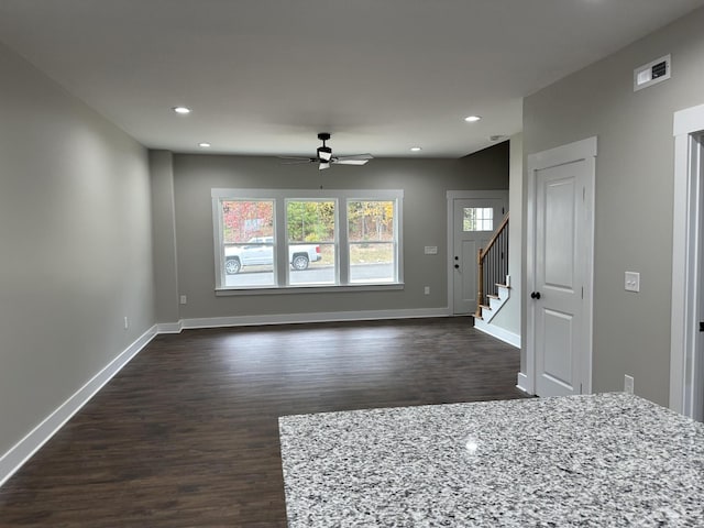 1340 Unity Dr NE, Cleveland, TN 37312 - unfurnished living room featuring recessed lighting, dark wood-style flooring, a ceiling fan, stairs, and visible vents