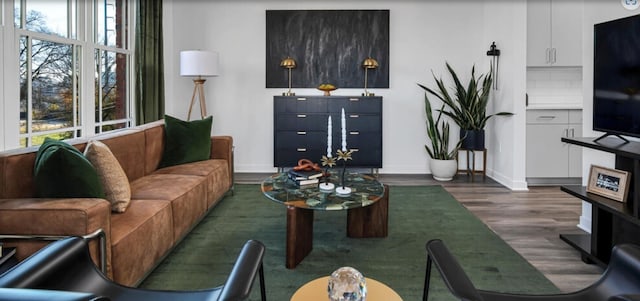 living room featuring dark wood-type flooring and a healthy amount of sunlight