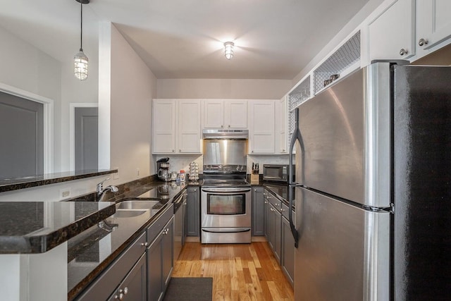 kitchen with appliances with stainless steel finishes, dark stone counters, sink, pendant lighting, and white cabinets