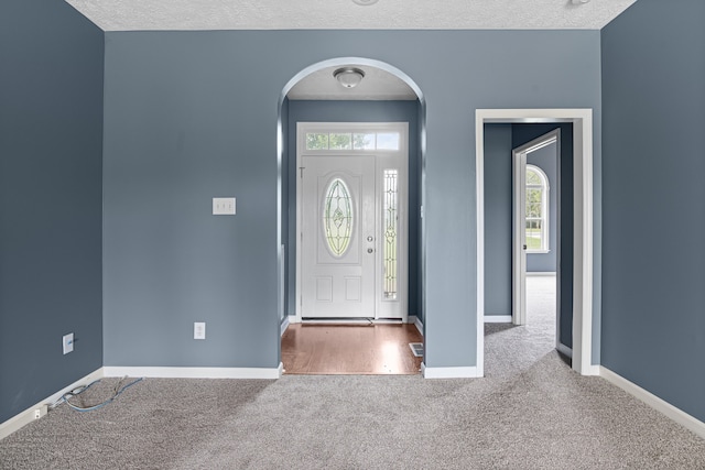 carpeted entryway with a wealth of natural light and a textured ceiling