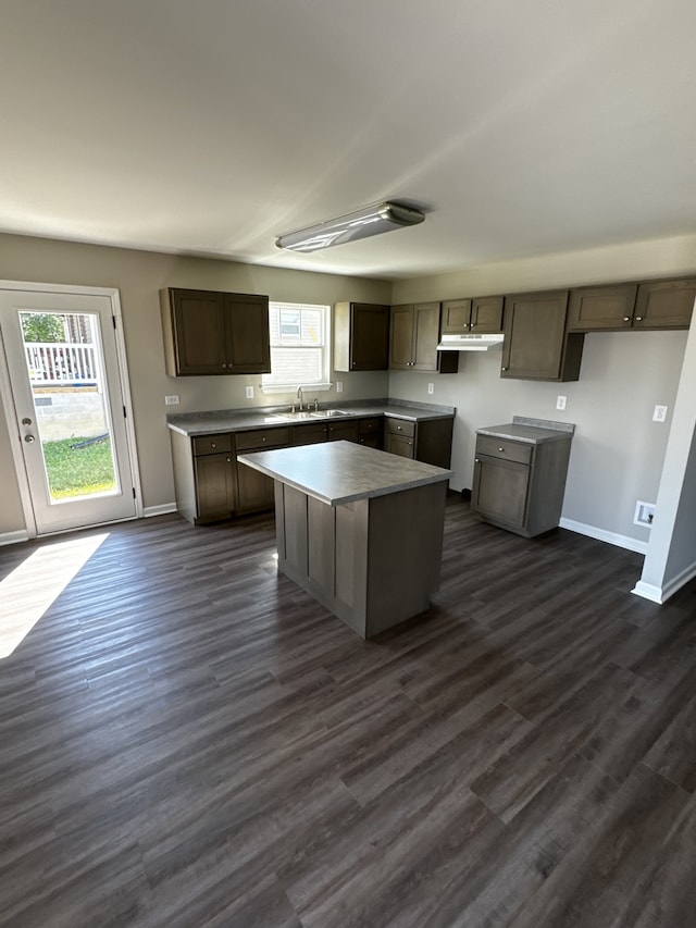 kitchen with a center island, dark hardwood / wood-style floors, and sink