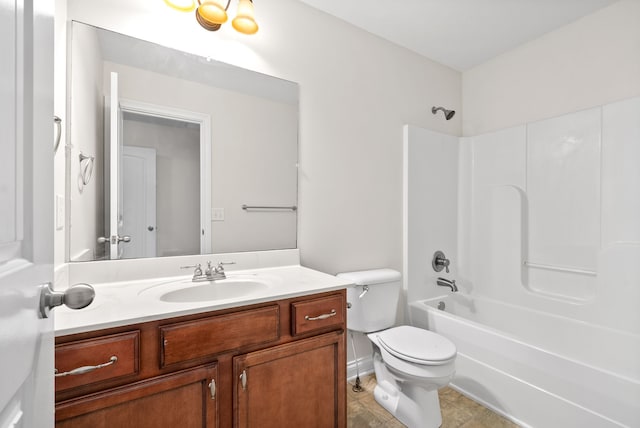 full bath featuring toilet, vanity, and bathing tub / shower combination