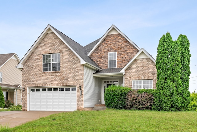 traditional-style house featuring driveway, brick siding, and a front yard