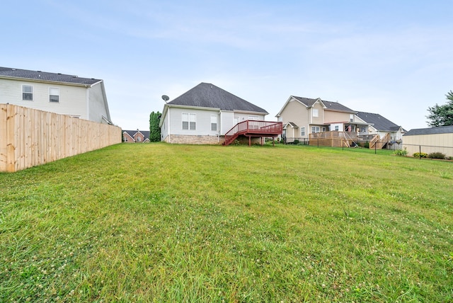 view of yard with a fenced backyard and a wooden deck