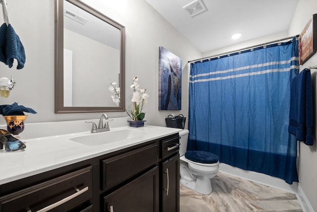 full bathroom with shower / tub combo, vanity, and toilet