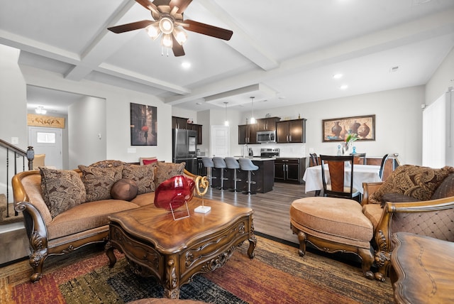 living room featuring coffered ceiling, beam ceiling, ceiling fan, dark hardwood / wood-style floors, and sink