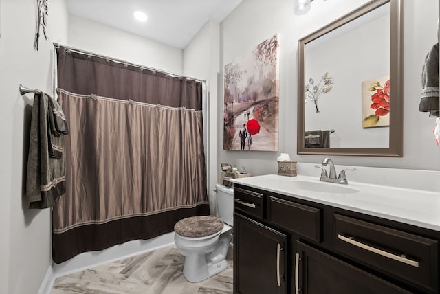 full bathroom featuring vanity, toilet, and shower / bathtub combination with curtain