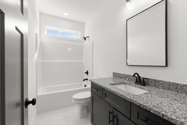 full bathroom featuring shower / bathtub combination, vanity, and toilet