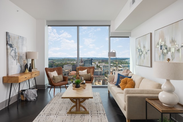 living room featuring floor to ceiling windows and dark hardwood / wood-style floors