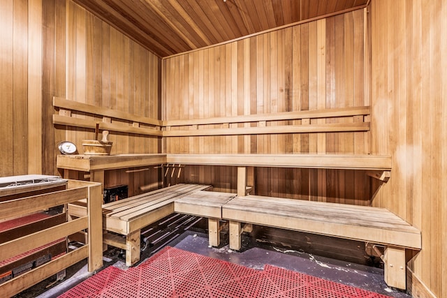 view of sauna / steam room with wood ceiling and wooden walls