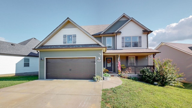 craftsman-style house featuring a garage, a front lawn, and a porch