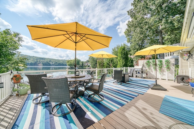 deck featuring a water view