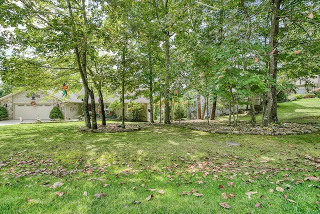 view of yard featuring a garage