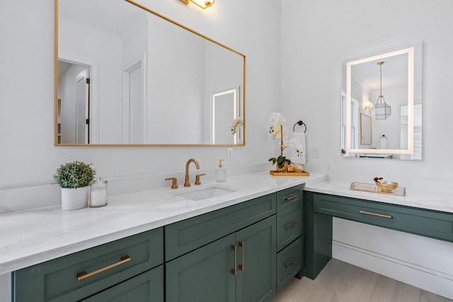 bathroom with vanity and crown molding