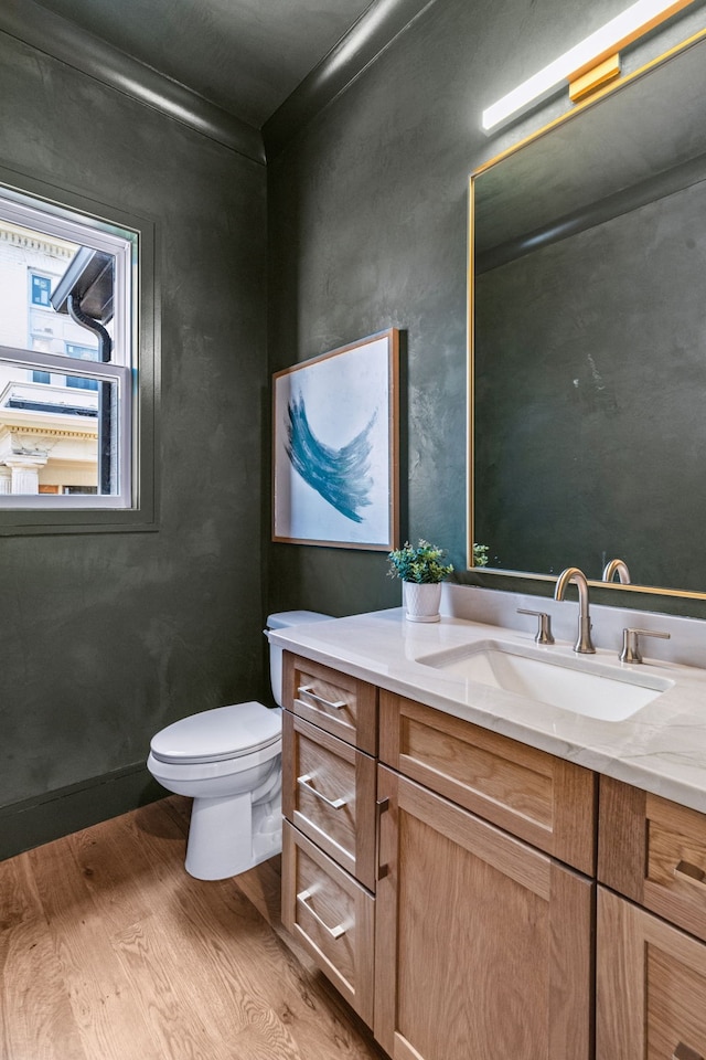 bathroom featuring hardwood / wood-style floors, vanity, and toilet