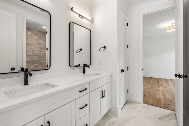 bathroom with wood-type flooring and vanity