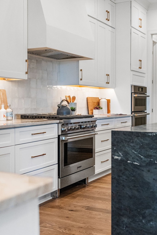 kitchen with white cabinetry, custom exhaust hood, light hardwood / wood-style flooring, decorative backsplash, and appliances with stainless steel finishes