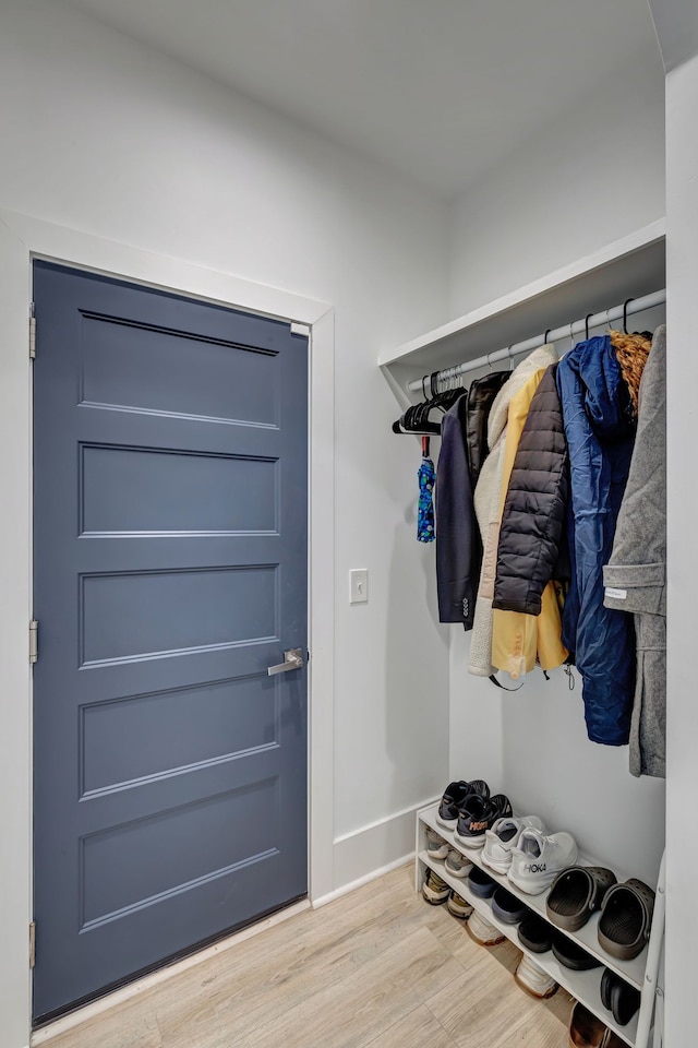 walk in closet with light hardwood / wood-style floors