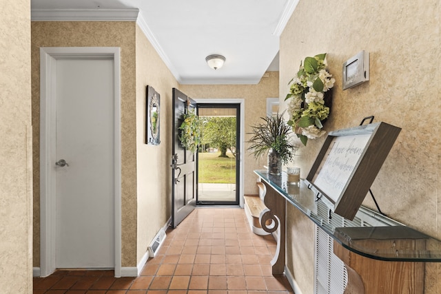 interior space with ornamental molding and tile patterned floors