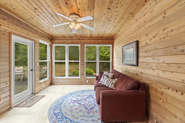 sunroom / solarium with wooden ceiling, ceiling fan, and plenty of natural light