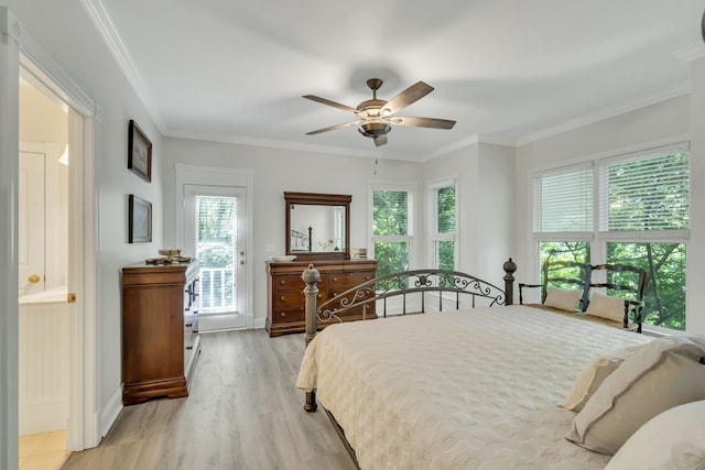 bedroom with ornamental molding, light wood-type flooring, ceiling fan, and ensuite bathroom