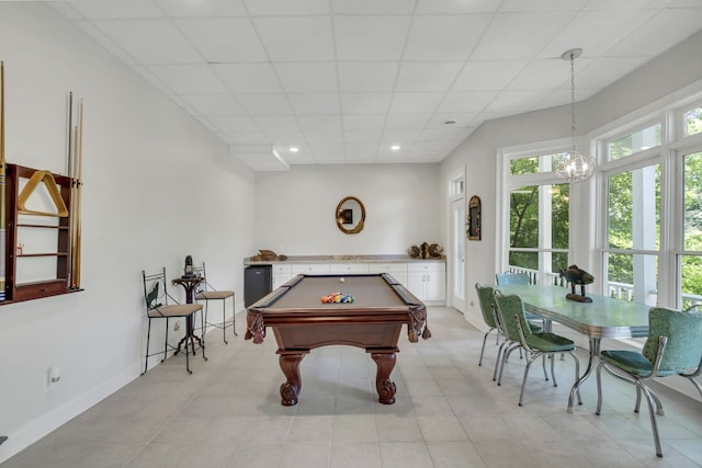 playroom with a drop ceiling, light tile patterned floors, and billiards