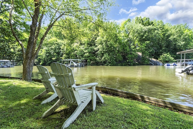 dock area featuring a yard and a water view